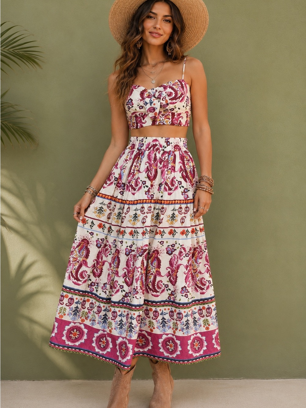 CAROLINE CONSTAS NWOT New York Pink  Print Two-Piece Boho Set Sz Medium